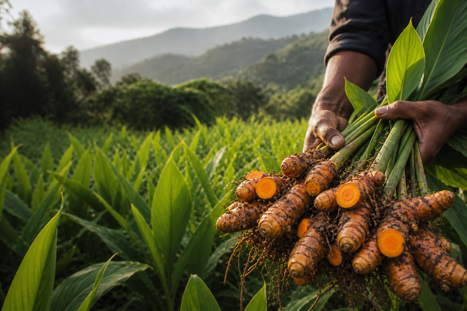 Fresh turmeric rhizomes held by a farmer in an Assam field